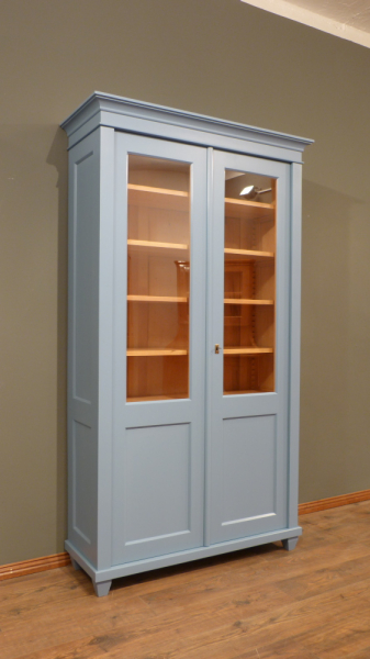 Massivholz Bücherschränke nach Maß, zweitüriger Bücherschrank, massiv Erle, Pastelblau lasiert