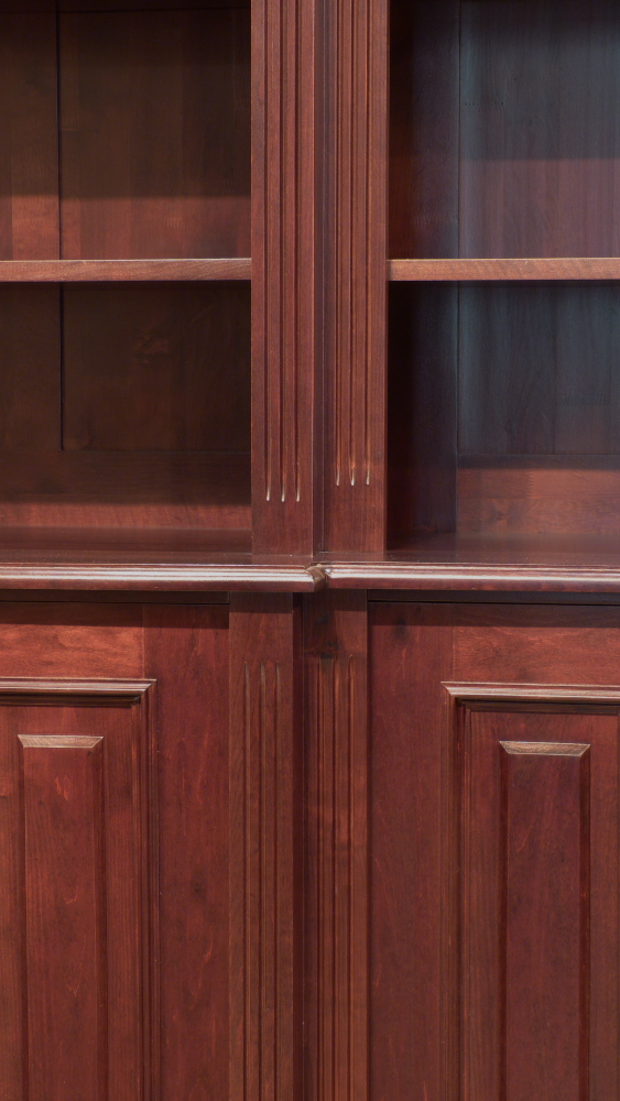 Klassiches Bücherrgegal mit geschlossenem Unterbau und Beleuchtung